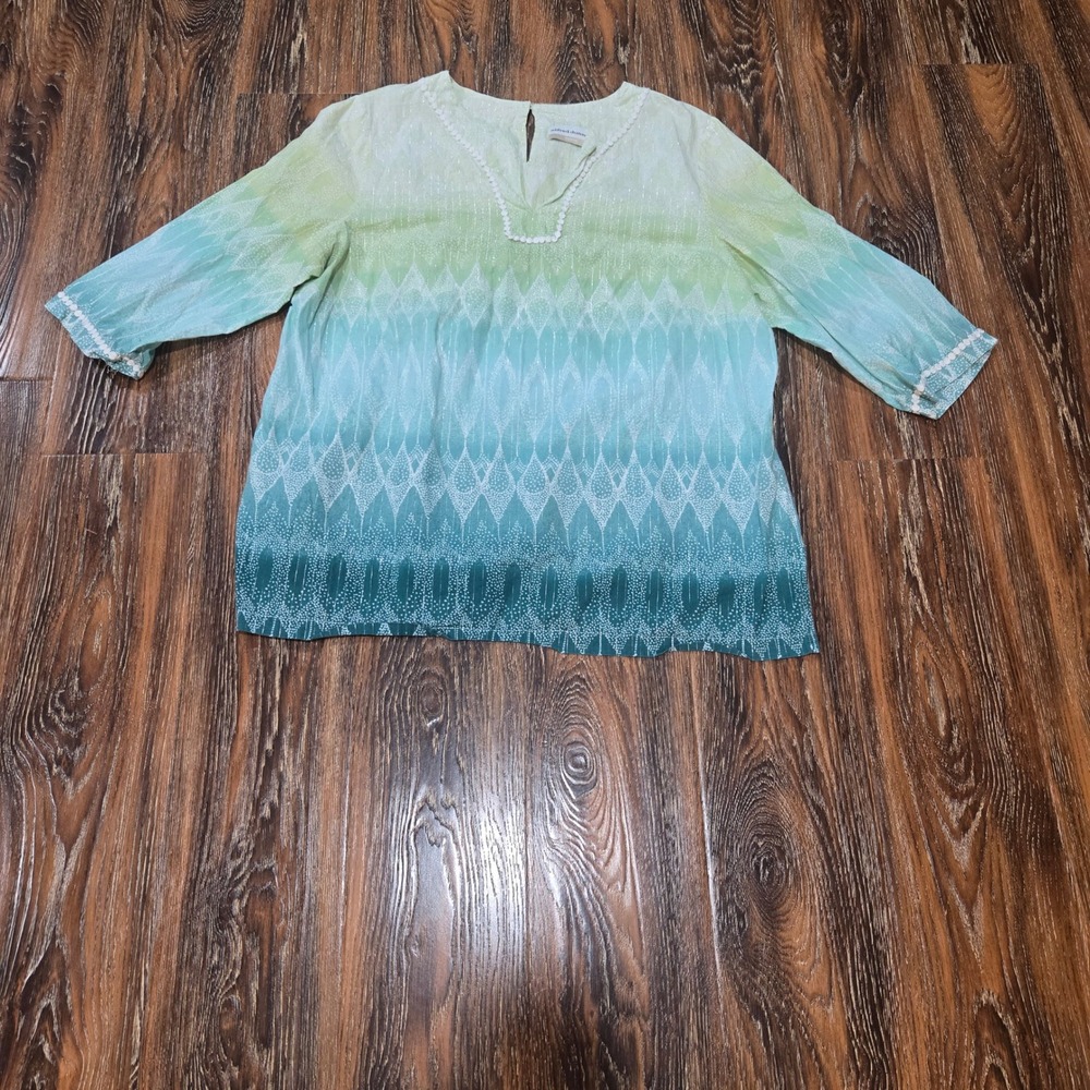 Alfred Dunner 16W Tunic Womens Green Blue Ombre Metallic Pom Pom Trim Blouse